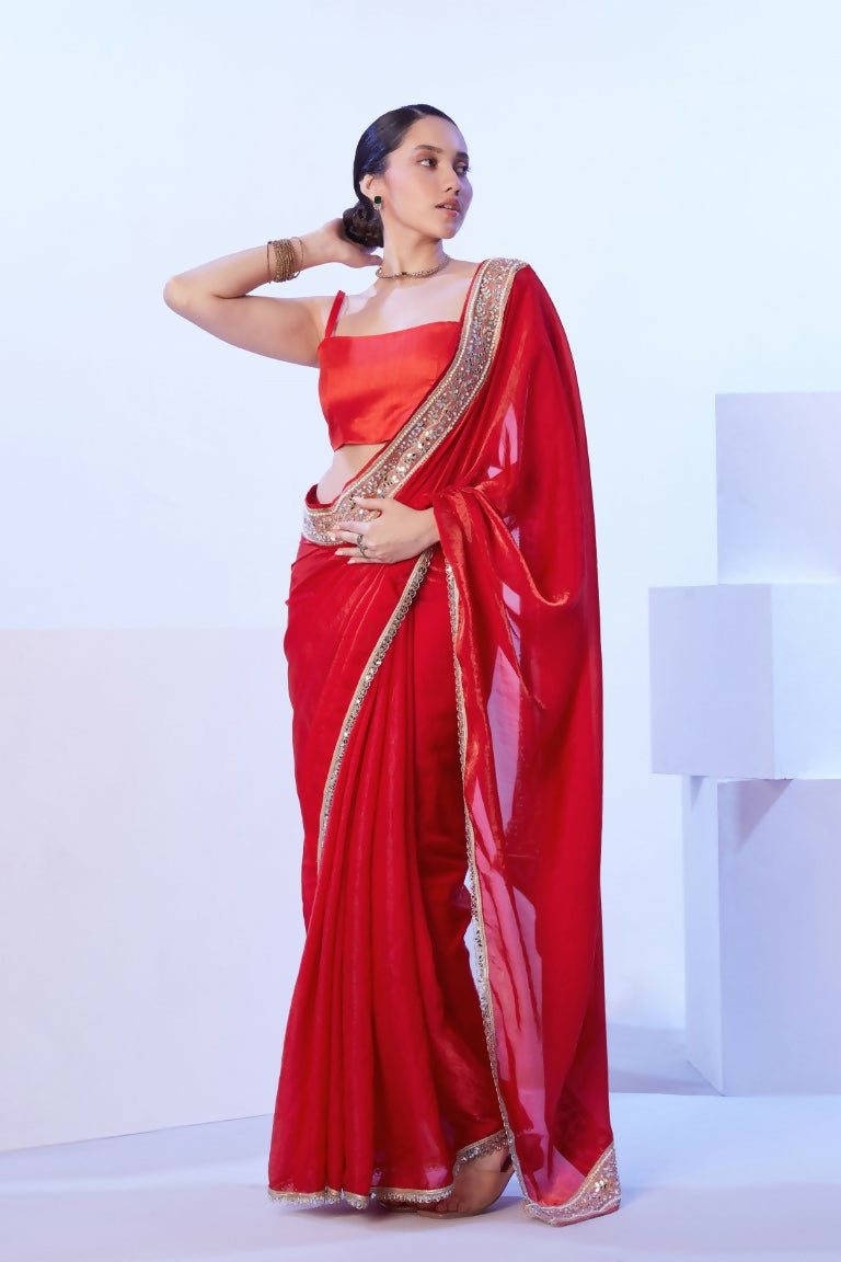 Red Satin Jimmy Choo Solid Designer & Lace Work Saree - Samaa | Grocsy