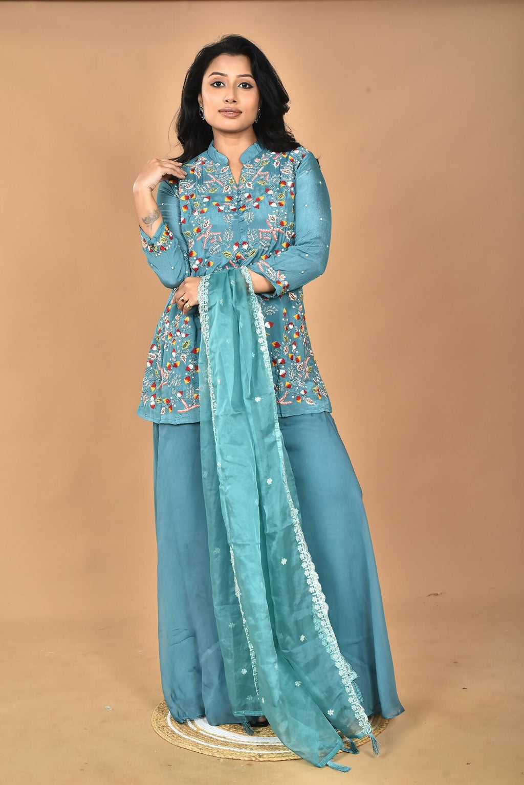 Morchari Women And Hand Embroidery Palazzo Set-Green | Grocsy