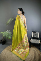 Joban Fashion Lime Green Butti Woven Soft Lichi Silk Paithani Saree | Grocsy