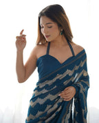 Petrol Georgette Sequance Embroidery Work Border Saree - Sitare | Grocsy