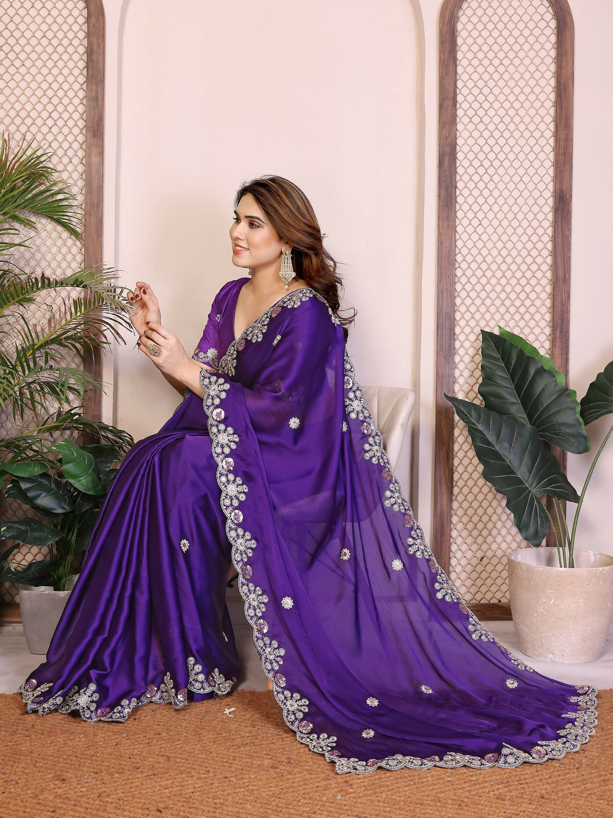 Teeya Creation New Trendy Party Wear Soft Satin Chiffon Saree-Purple | Grocsy