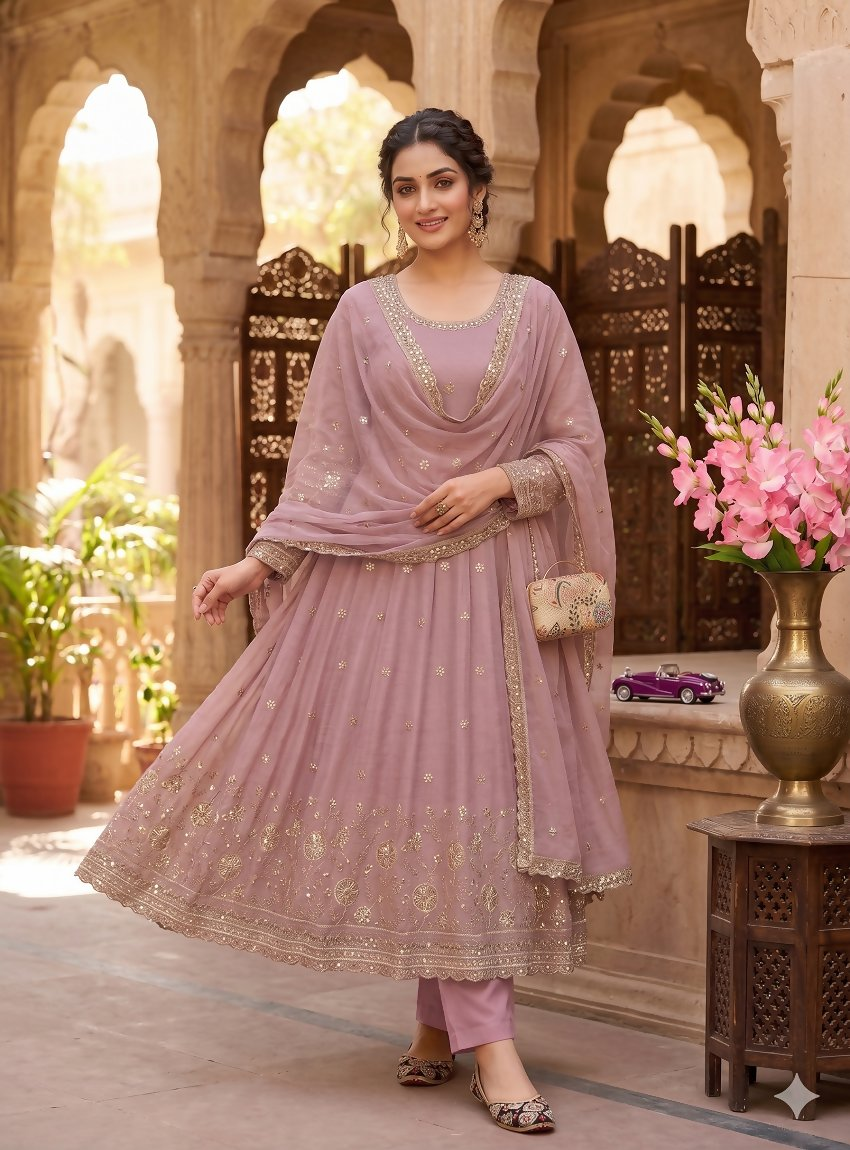 Teeya Creation Elegant Pink Embroidered Anarkali Kurta Set With Mirror Work Dupatta | Grocsy