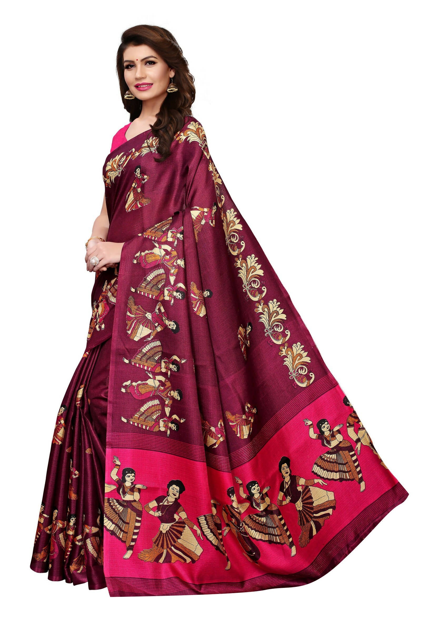 Vamika Wine Red & Pink Kalamkari With Jhalar Khadi Silk Saree | Grocsy