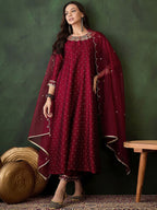 Sangria Geometric Printed Zari & Sequinned A-Line Kurta & Palazzo With Dupatta | Grocsy