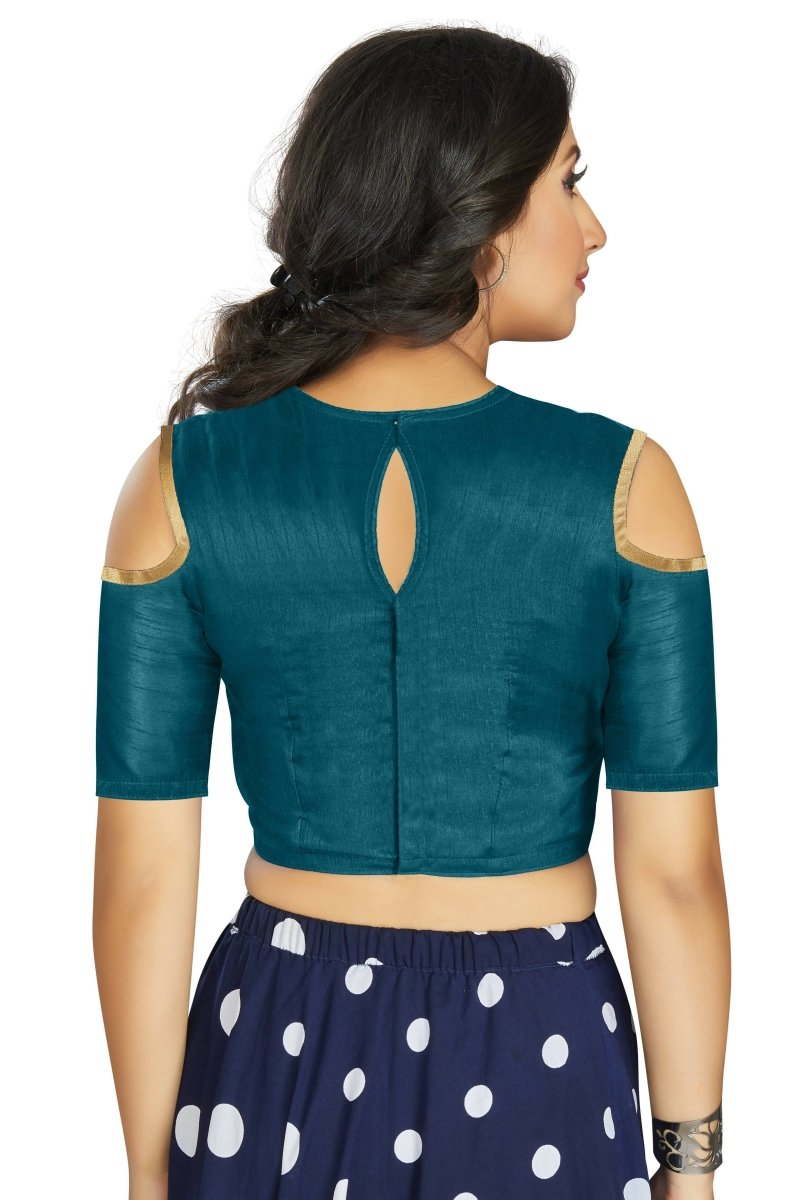 Aastha Fashion Women's Teal Art Silk Cold Shoulder Sleeve Readymade Blouse | Grocsy