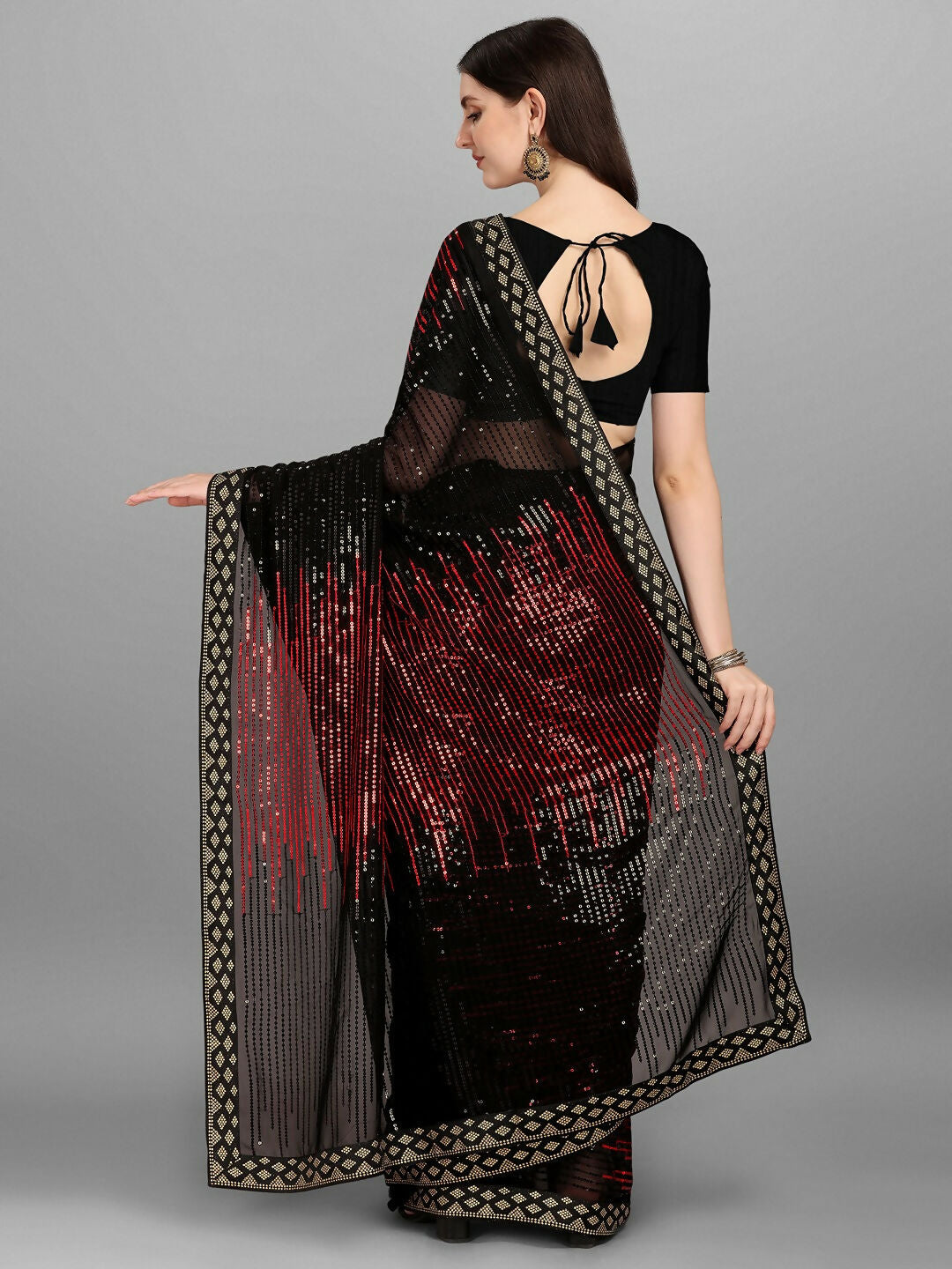 Vegaa Fashion Black Georgette Embroidered Party Wear Saree | Grocsy
