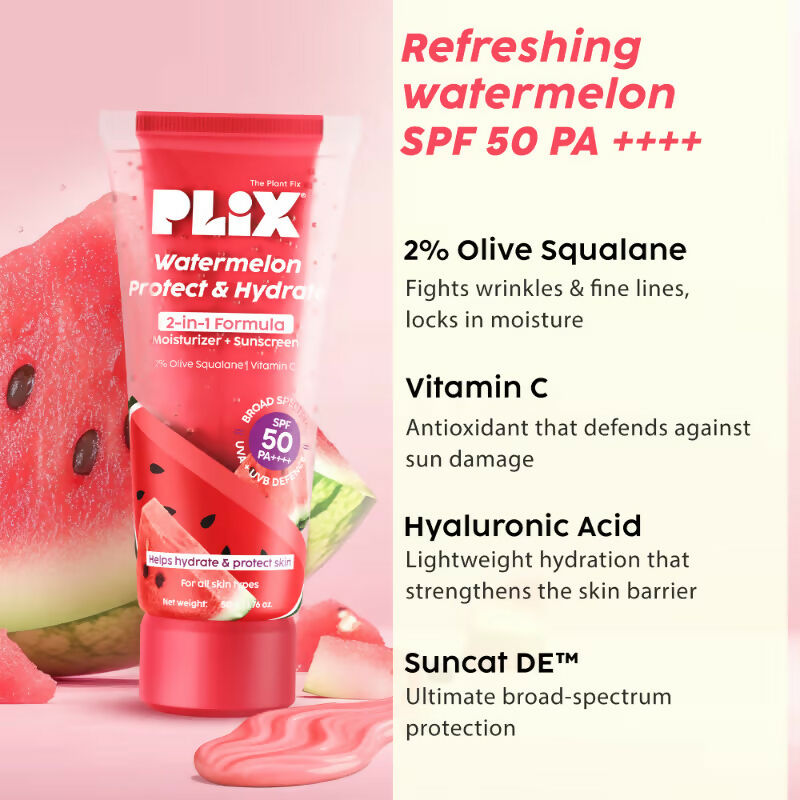 Plix Watermelon SPF PA++++ 50 Protect & Hydrate 2 In 1 Moisturizer + Sunscreen | Grocsy