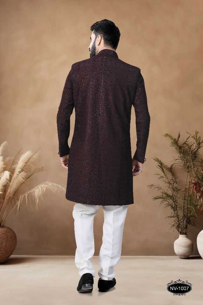 Joban Fashion Men's Brown Straight Silk Heavy Thread & Sequence Embroidery All Over Indo-Western Kurta Set | Grocsy