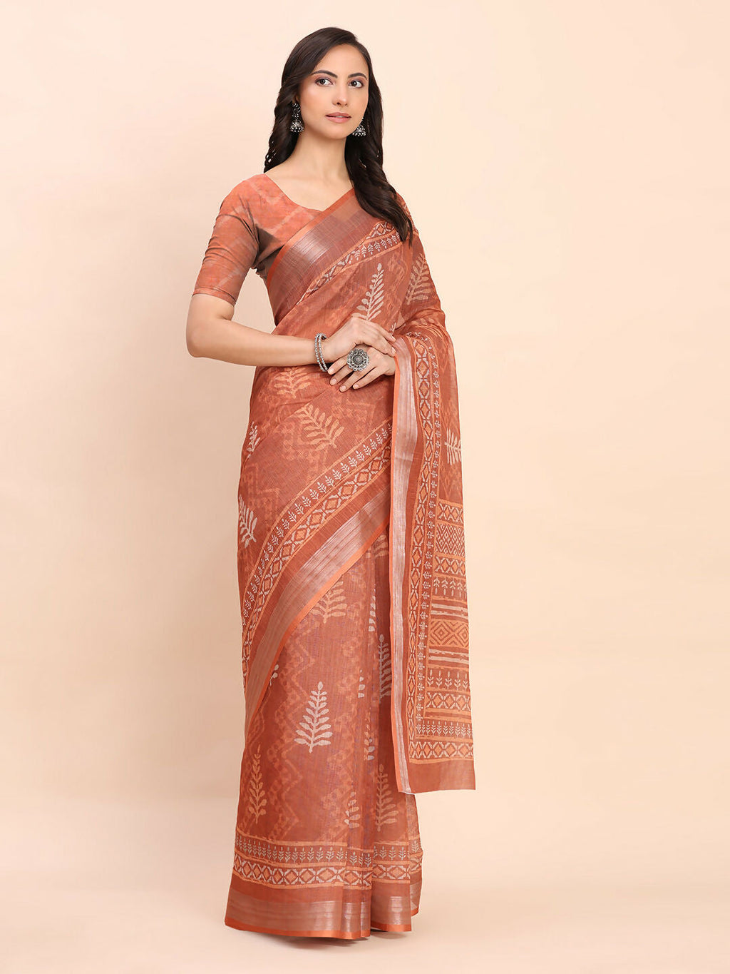 Shree Shyam Fashion Linen Cotton Rust Saree | Grocsy