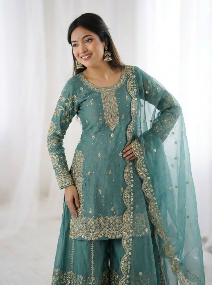 Teeya Creation Turquoise Color Fendy Silk Embroidery Work Wedding Wear Salwar Suit | Grocsy