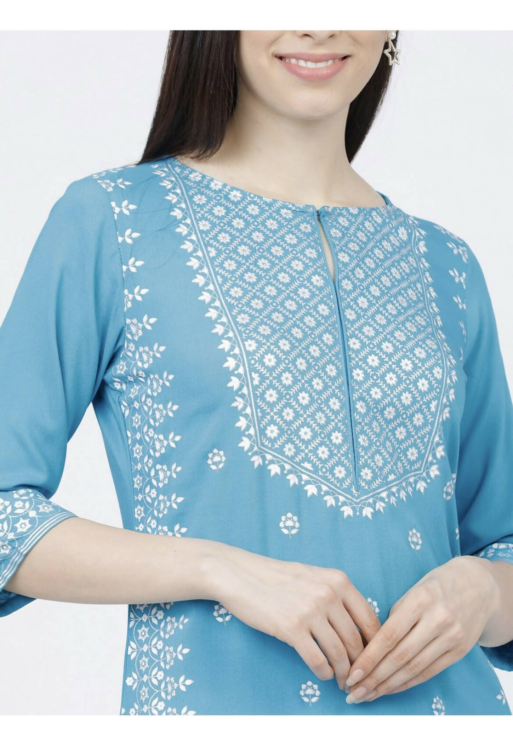 Indian Clothing Cheera Embellished Daily Wear Cotton Blend Kurta - Sky Blue | Grocsy