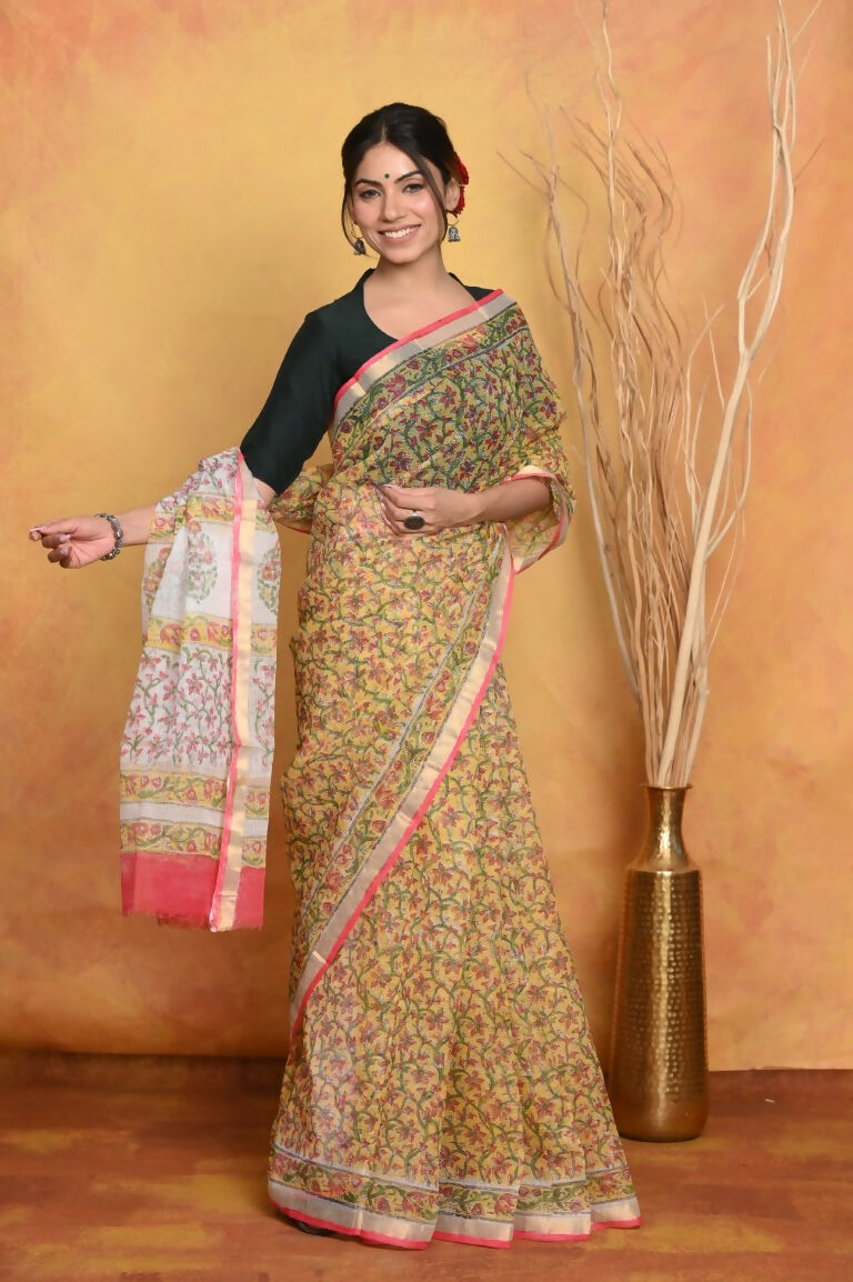 Very Much Indian Pure Kota Cotton Handblock Printed Saree - Yellow | Grocsy