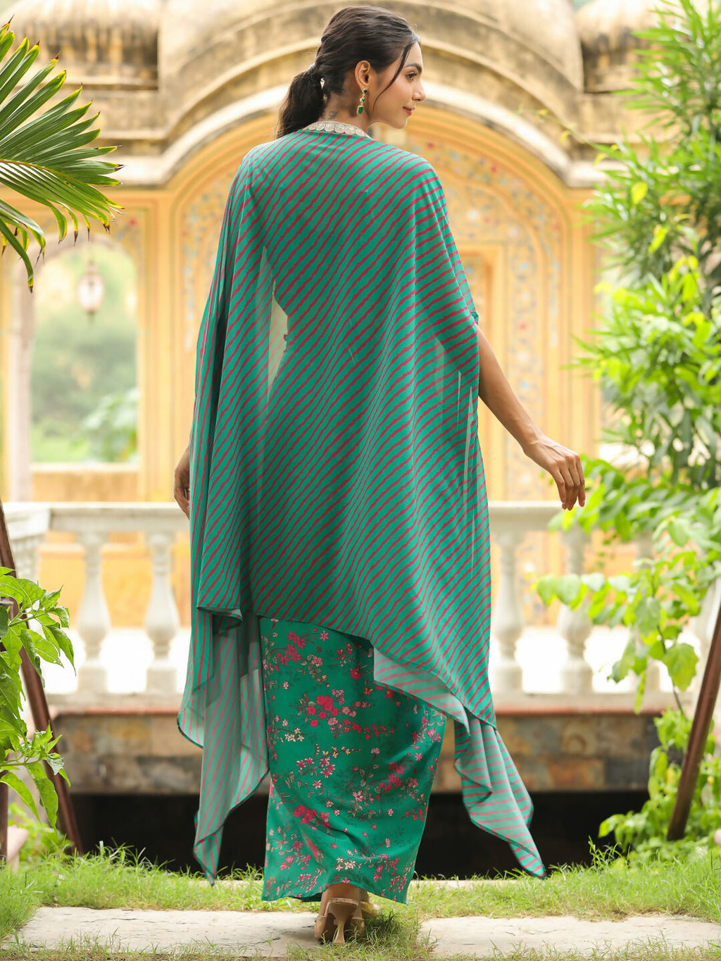 Janasya Green Georgette Floral Top Bottom Cape | Grocsy