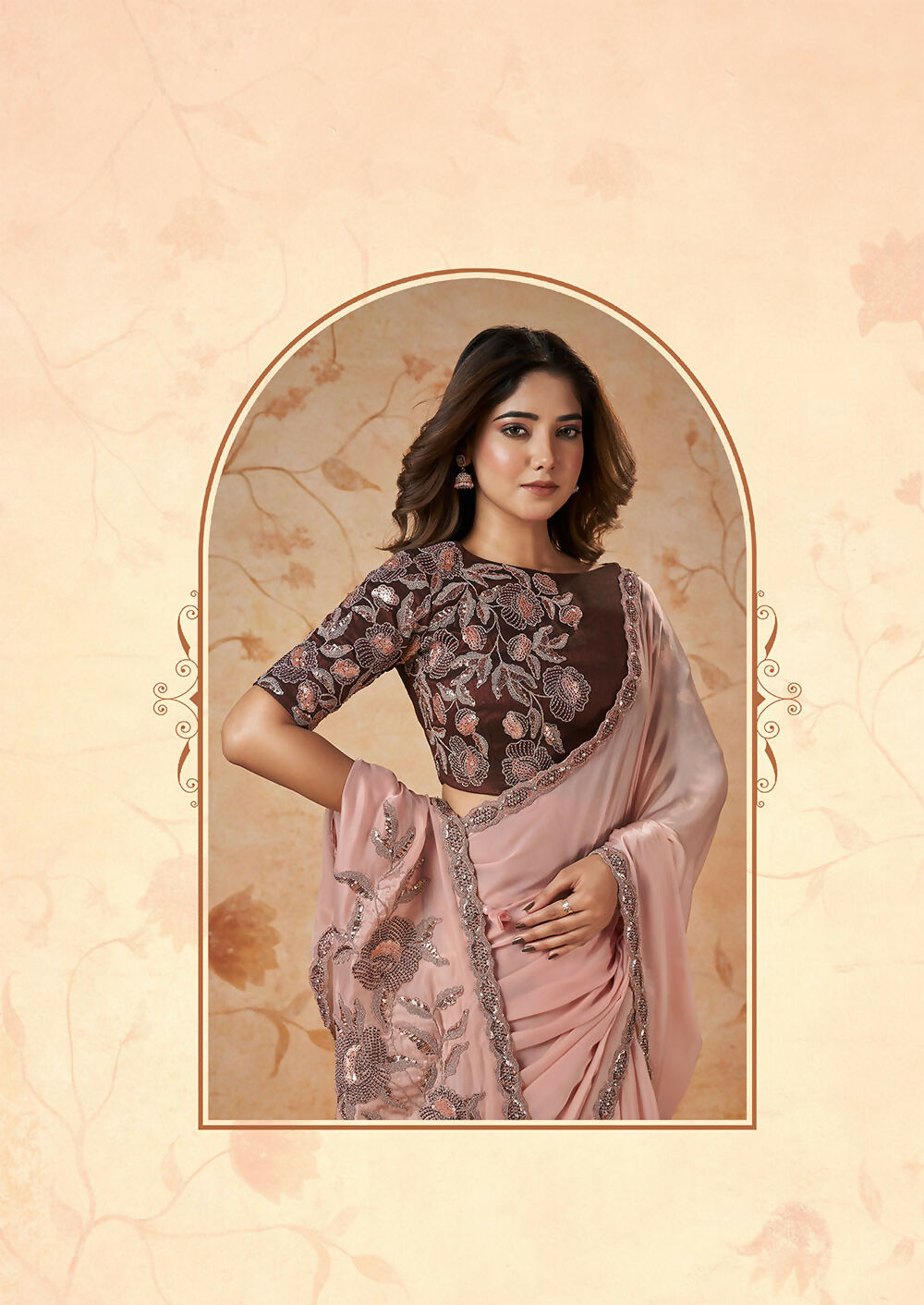 Peach Crepe Satin Silk Thread, Sequence, Cord Embroidered with Stone Work Saree - Mohmanthan Dakshika | Grocsy