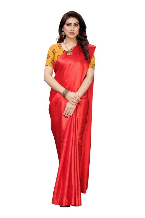 Vamika Plain Red Satin Saree (SATIN GLORY RED) | Grocsy