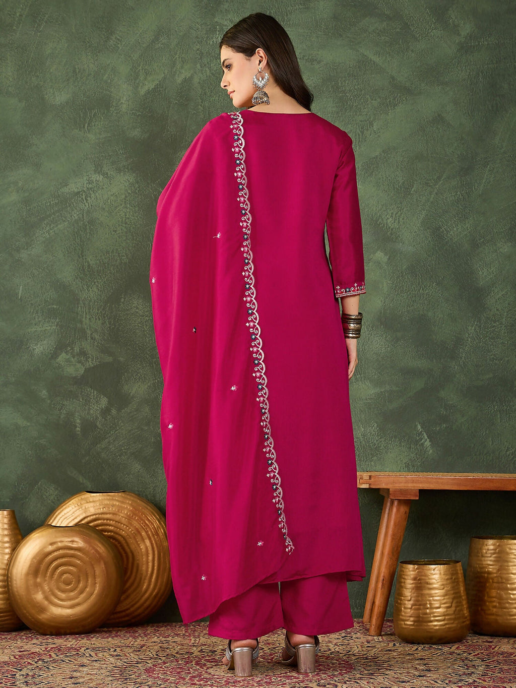 The52 Women's Gorgeous Embroidery Work Vichitra SIlk Fabric Flared Kurta Pant and Dupatta Set-Rani | Grocsy