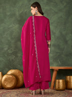 The52 Women's Gorgeous Embroidery Work Vichitra SIlk Fabric Flared Kurta Pant and Dupatta Set-Rani | Grocsy
