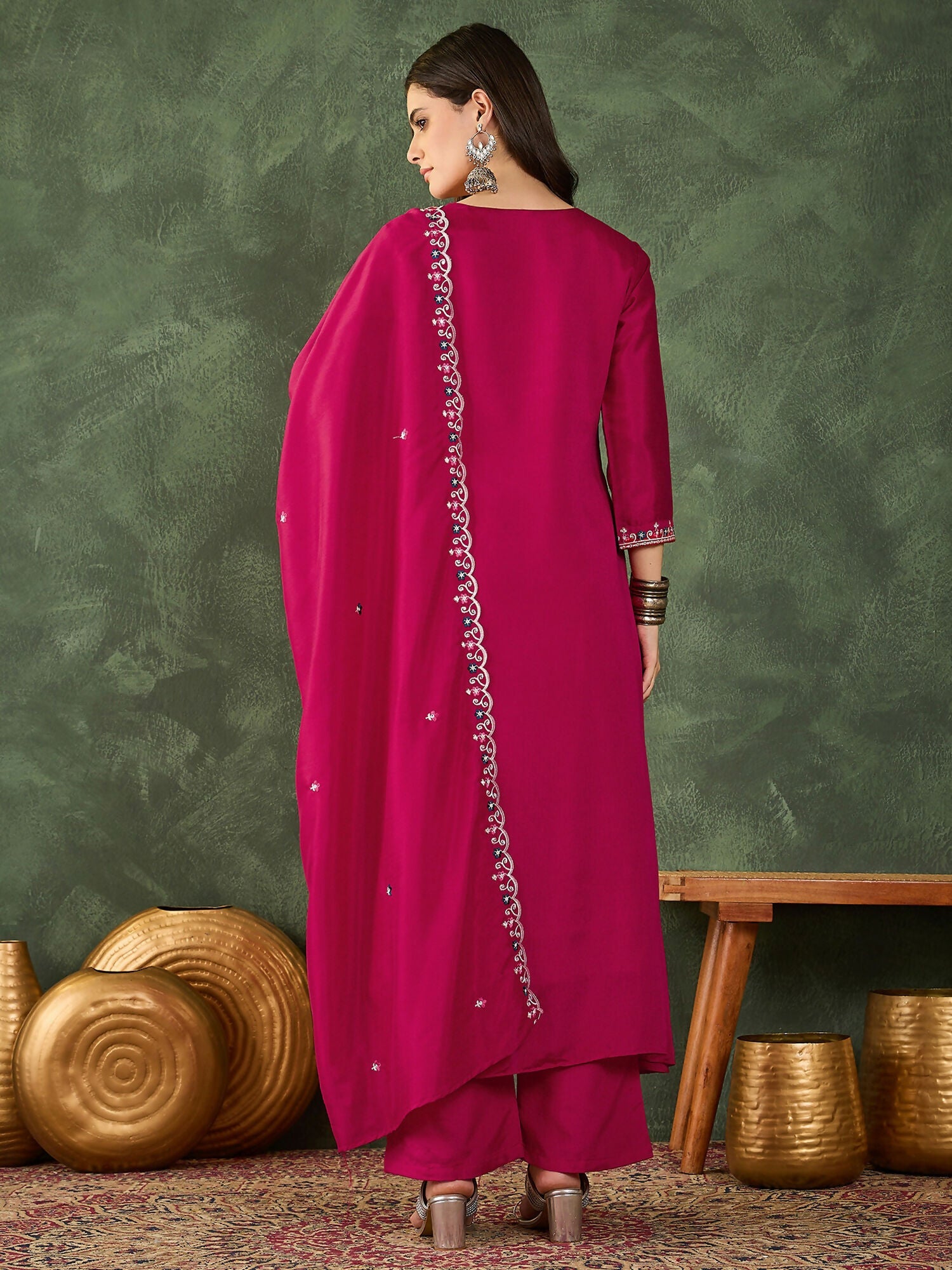 The52 Women's Gorgeous Embroidery Work Vichitra SIlk Fabric Flared Kurta Pant and Dupatta Set-Rani | Grocsy