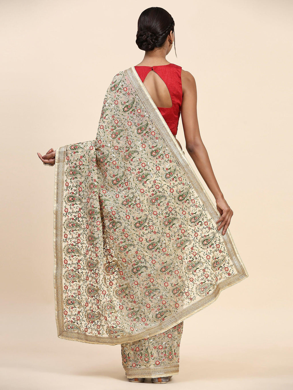 Vamsee Kamini Cream Georgette Saree | Grocsy
