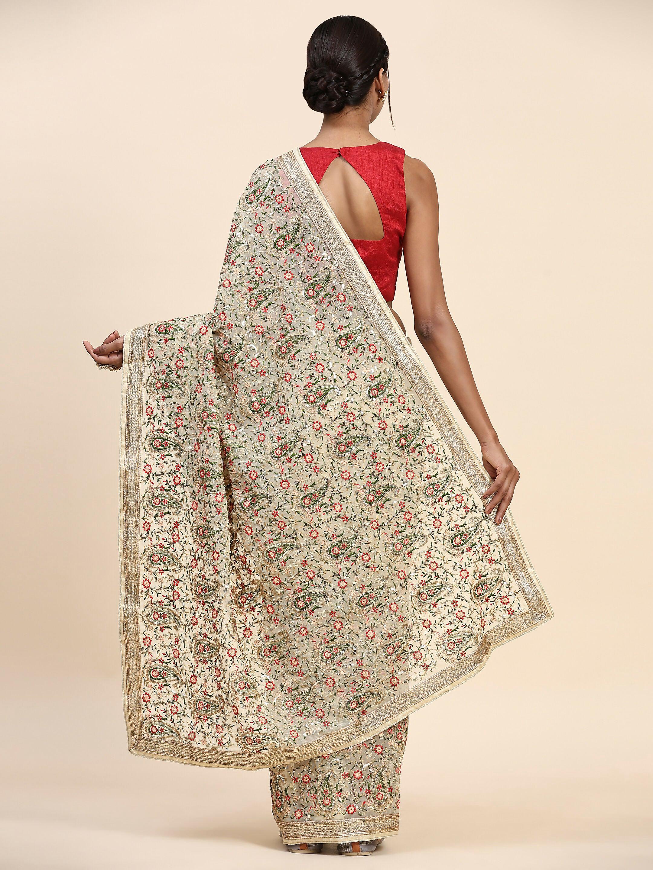 Vamsee Kamini Cream Georgette Saree | Grocsy