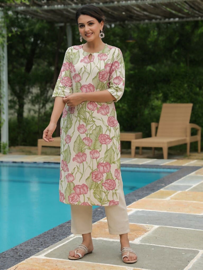 Aramya Straight Linen Cotton Floral Print Women's Kurta - Off White | Grocsy