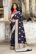 Joban Fashion Navy Blue Pure Katan Pure Handloom Banarasi Silk Saree | Grocsy