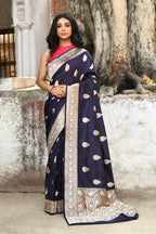 Joban Fashion Navy Blue Pure Katan Pure Handloom Banarasi Silk Saree | Grocsy