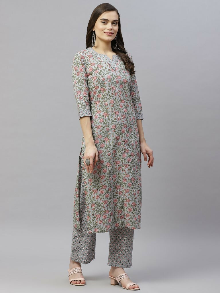 Miravan Women's Cotton Floral Printed Straight Kurta Palazzo  | Grocsy