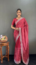Vastranavya Pink Chinnon Silk Embroidery Multi Sequence & Arco Cut Work Ready to Wear Saree | Grocsy