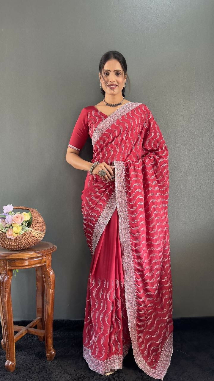 Vastranavya Pink Chinnon Silk Embroidery Multi Sequence & Arco Cut Work Ready to Wear Saree | Grocsy