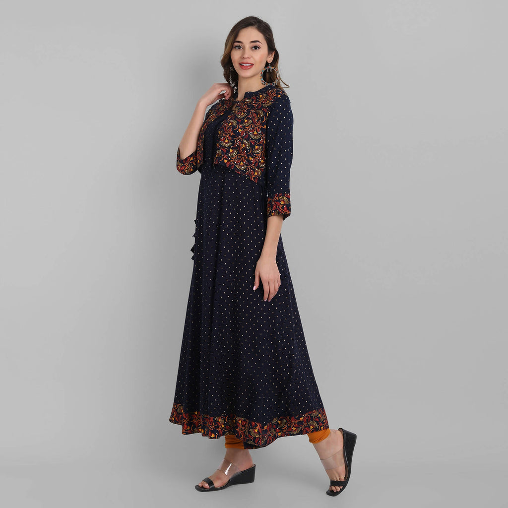 Juniper Women's Navy Rayon Printed Flared Dress | Grocsy