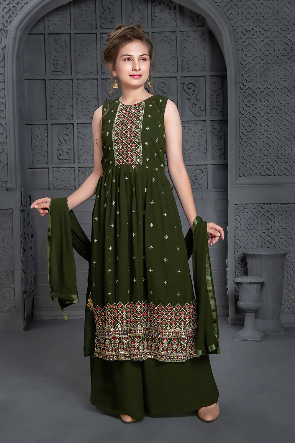 Kids Wedding Designer Mehendi Georgette Naira Cut Salwar Suit - Aaradhna | Grocsy