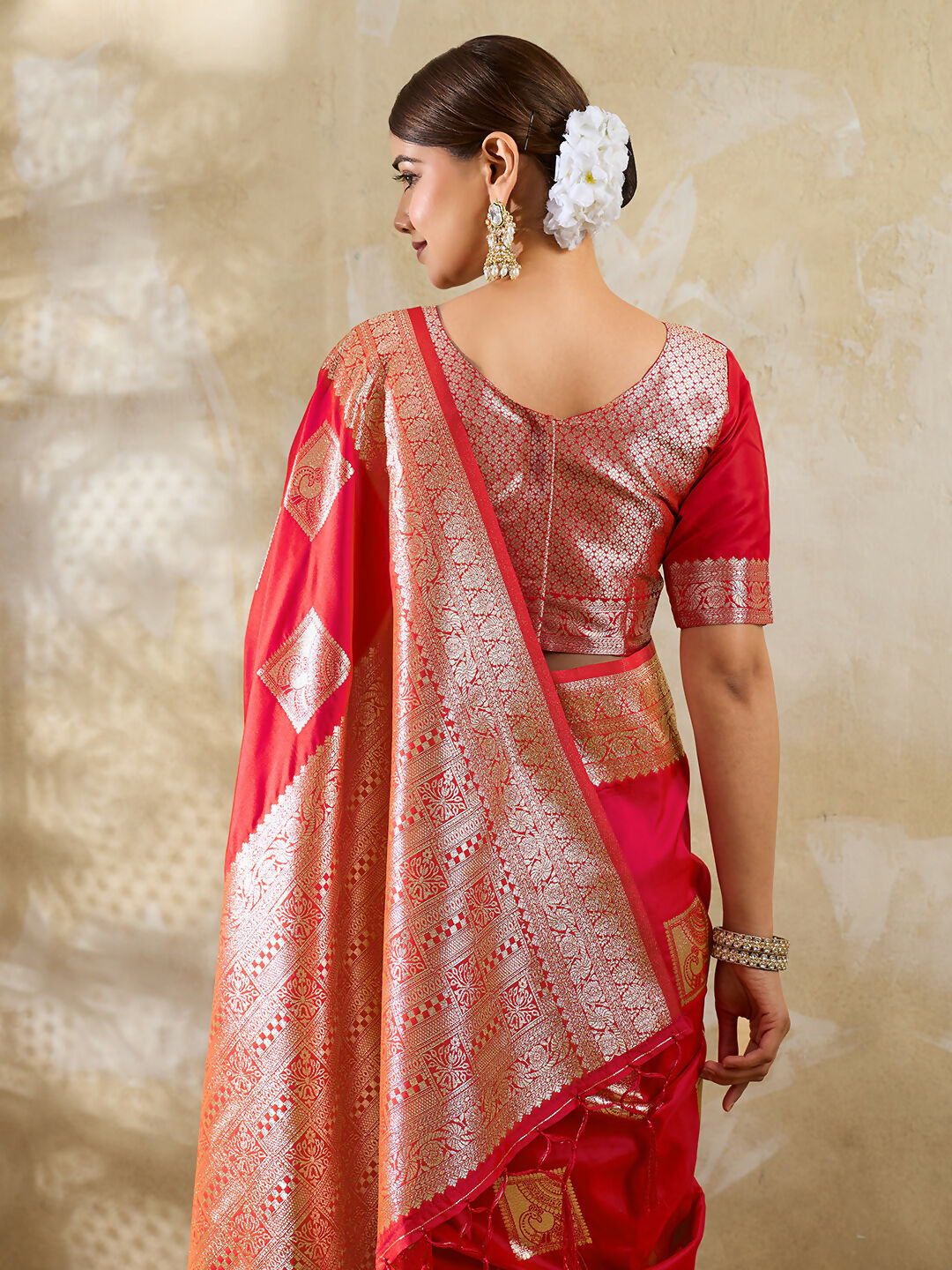 Shree Shyam Fashion Red Silk Blend Saree | Grocsy