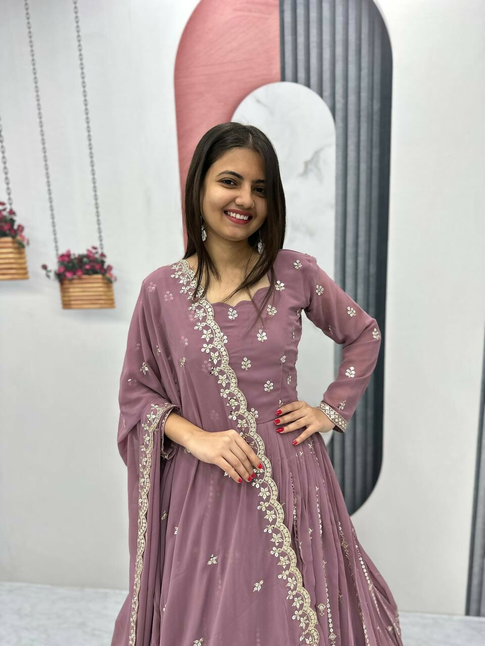 Teeya Creation Womens New Heavy Fox Georgette Fabric With Heavy Embroidery Work Gown Set | Grocsy