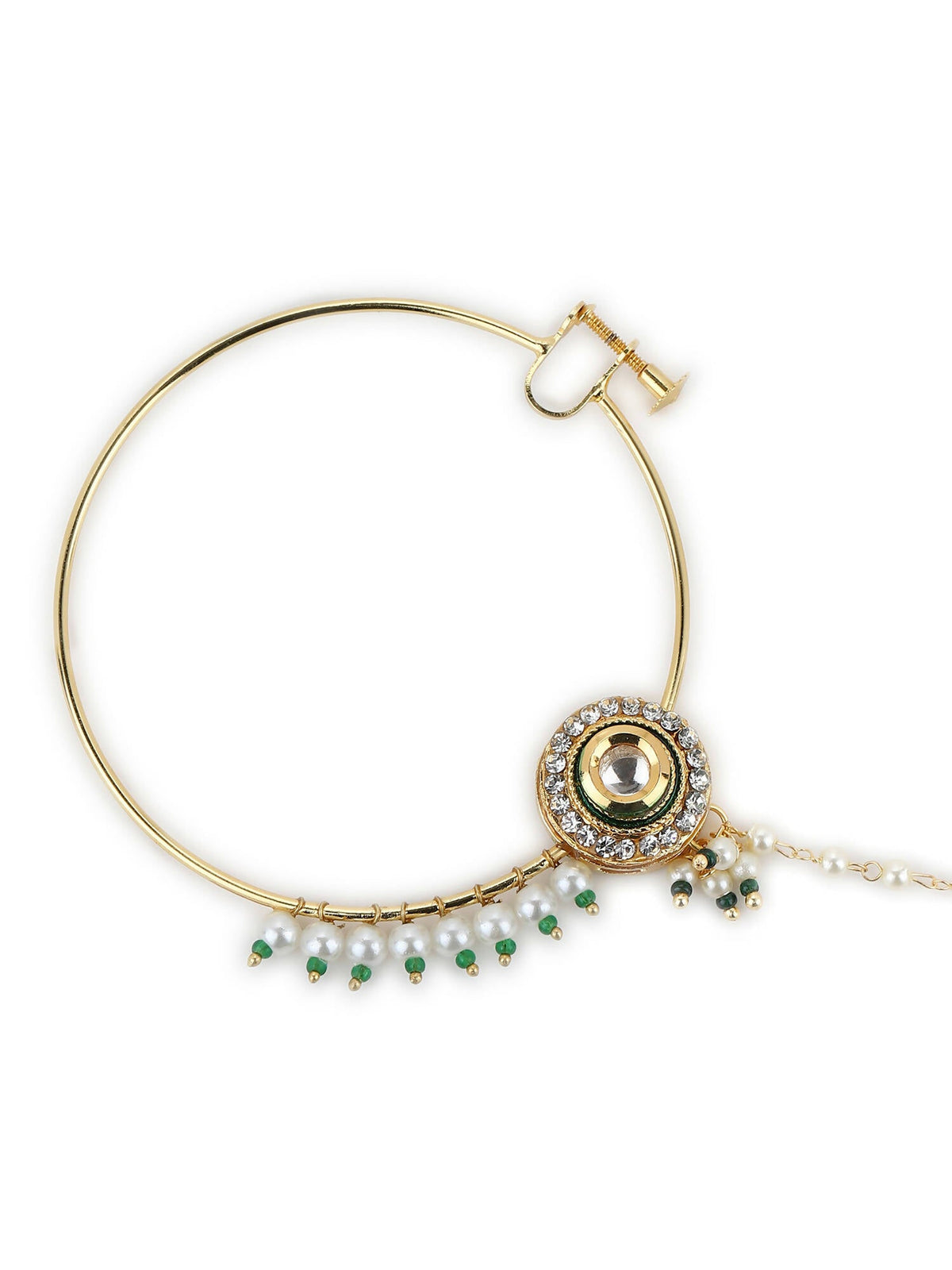 Gold-Polished White Green Kundan-Studded Pearl Beaded Nosepin - Ruby Raang | Grocsy