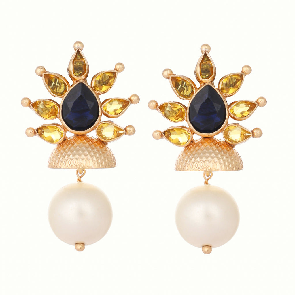 Nuyug 22K Gold Plated Pearl & Crystal Studded Contemporary Floral Stud Earrings | Grocsy