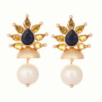 Nuyug 22K Gold Plated Pearl & Crystal Studded Contemporary Floral Stud Earrings | Grocsy
