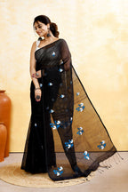 Piyari Fashion Women's Black Embellished Cotton Blend Embroidery Saree | Grocsy