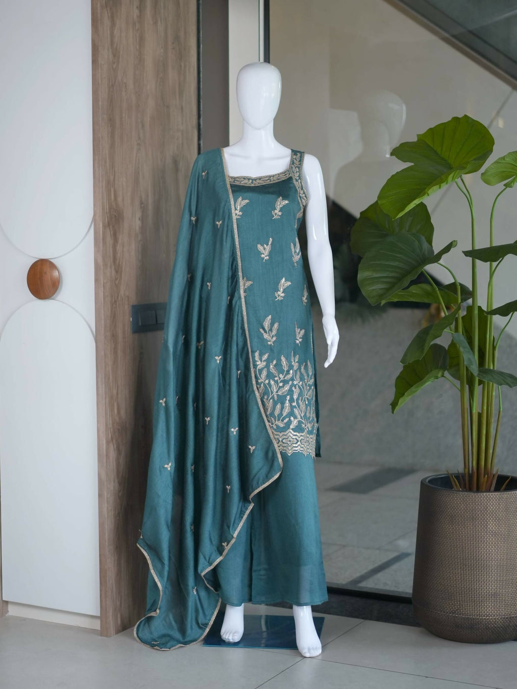 Teeya Creation Teal Blue Embroidered Georgette Straight Kurta With Palazzo And Dupatta Set | Grocsy