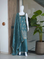 Teeya Creation Teal Blue Embroidered Georgette Straight Kurta With Palazzo And Dupatta Set | Grocsy