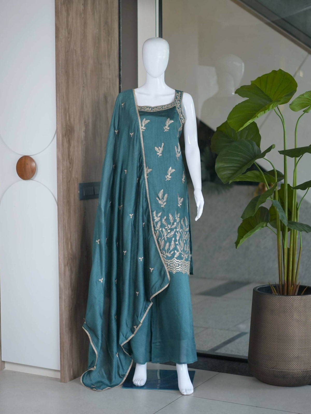 Teeya Creation Teal Blue Embroidered Georgette Straight Kurta With Palazzo And Dupatta Set | Grocsy