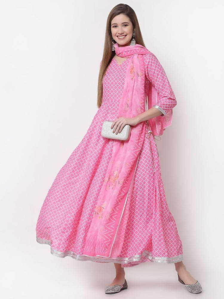 Myshka Pink Color Cotton Blend Printed Anarkali Kurta With Dupatta | Grocsy