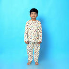 Breathables Kids Cotton Dinosaur Print Night Suit – Cream Full Sleeves Kurta & Pants Co-Ord Set | Boys & Girls Nightwear & Loungewear | Grocsy