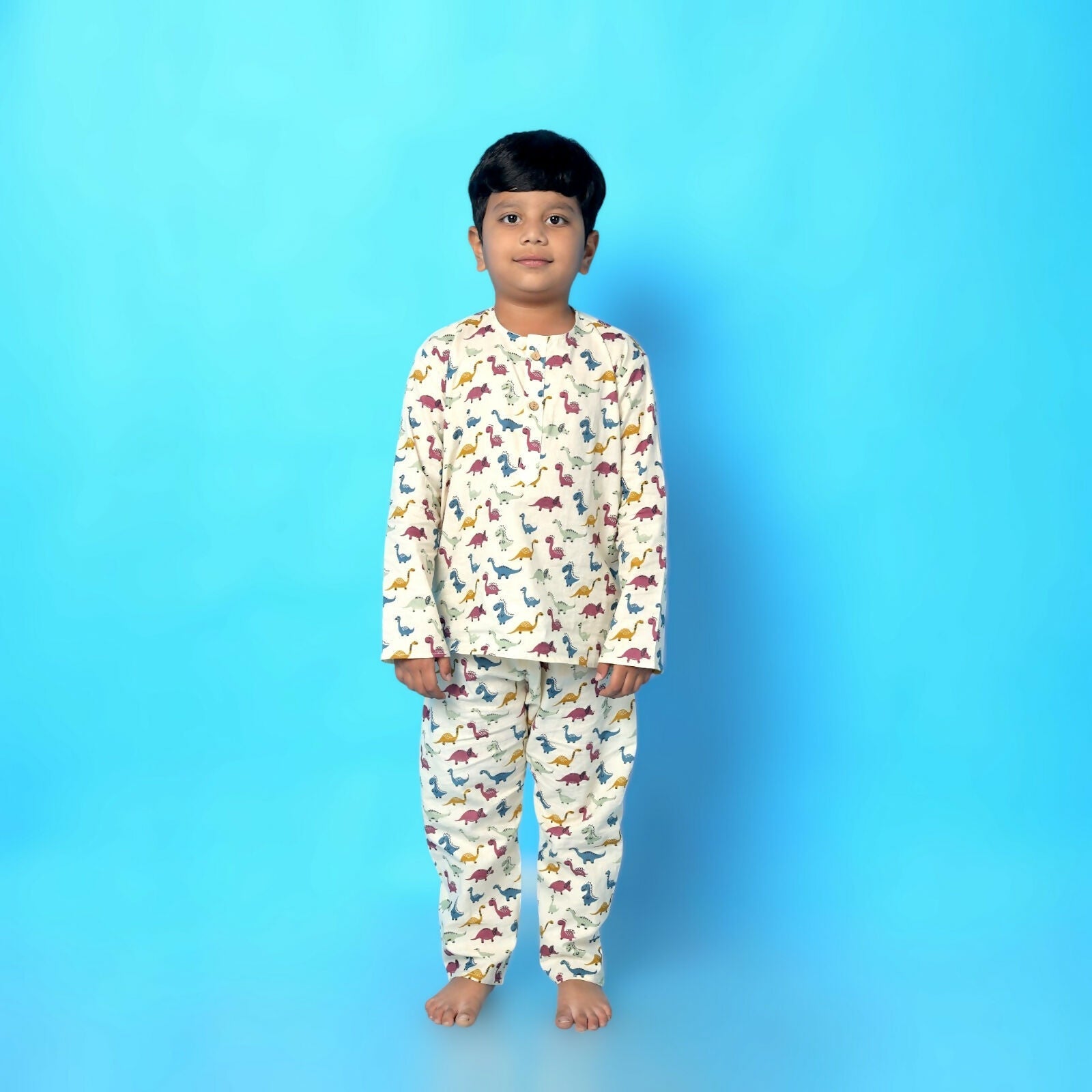 Breathables Kids Cotton Dinosaur Print Night Suit – Cream Full Sleeves Kurta & Pants Co-Ord Set | Boys & Girls Nightwear & Loungewear | Grocsy