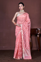 Morchari Peach Cotton Chanderi Embroidery Saree Unstitched Blouse | Grocsy