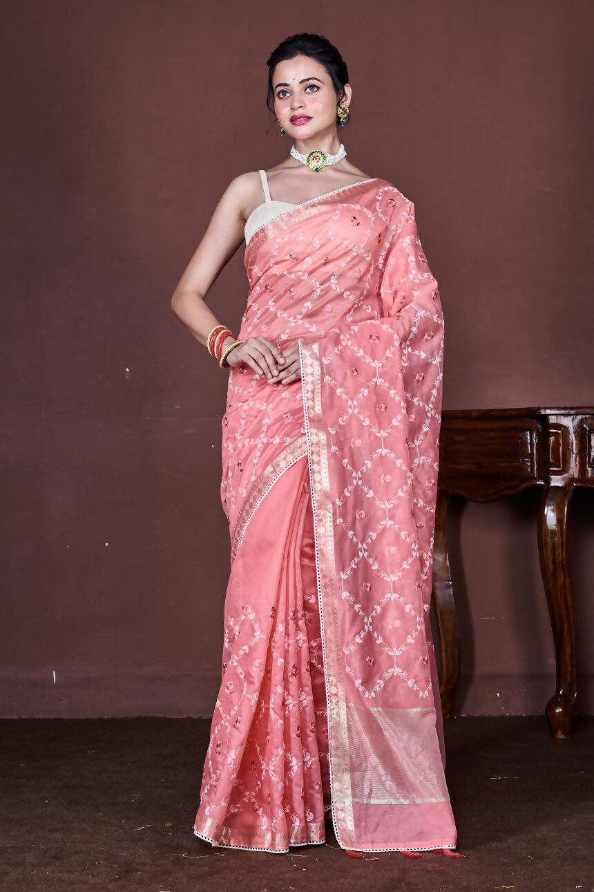 Morchari Peach Cotton Chanderi Embroidery Saree Unstitched Blouse | Grocsy