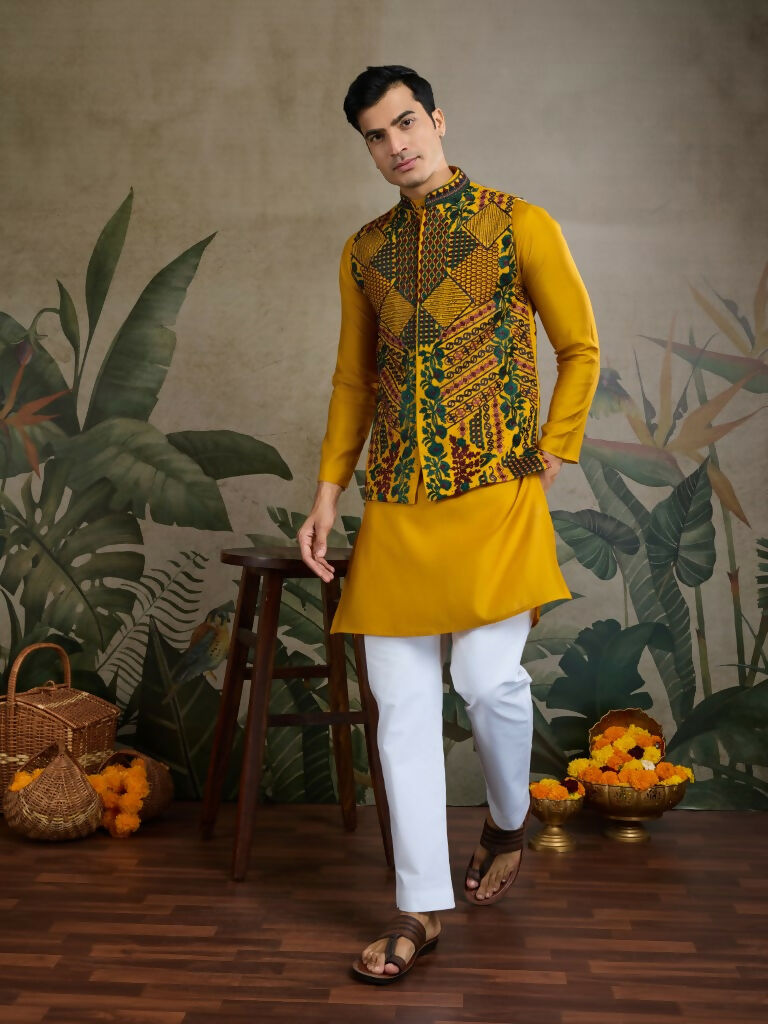 Vastranavya Yellow Exclusive Festival Viscose Silk Thread & Swarovski Embroidered Work Mens Wear Kurta & Koti | Grocsy