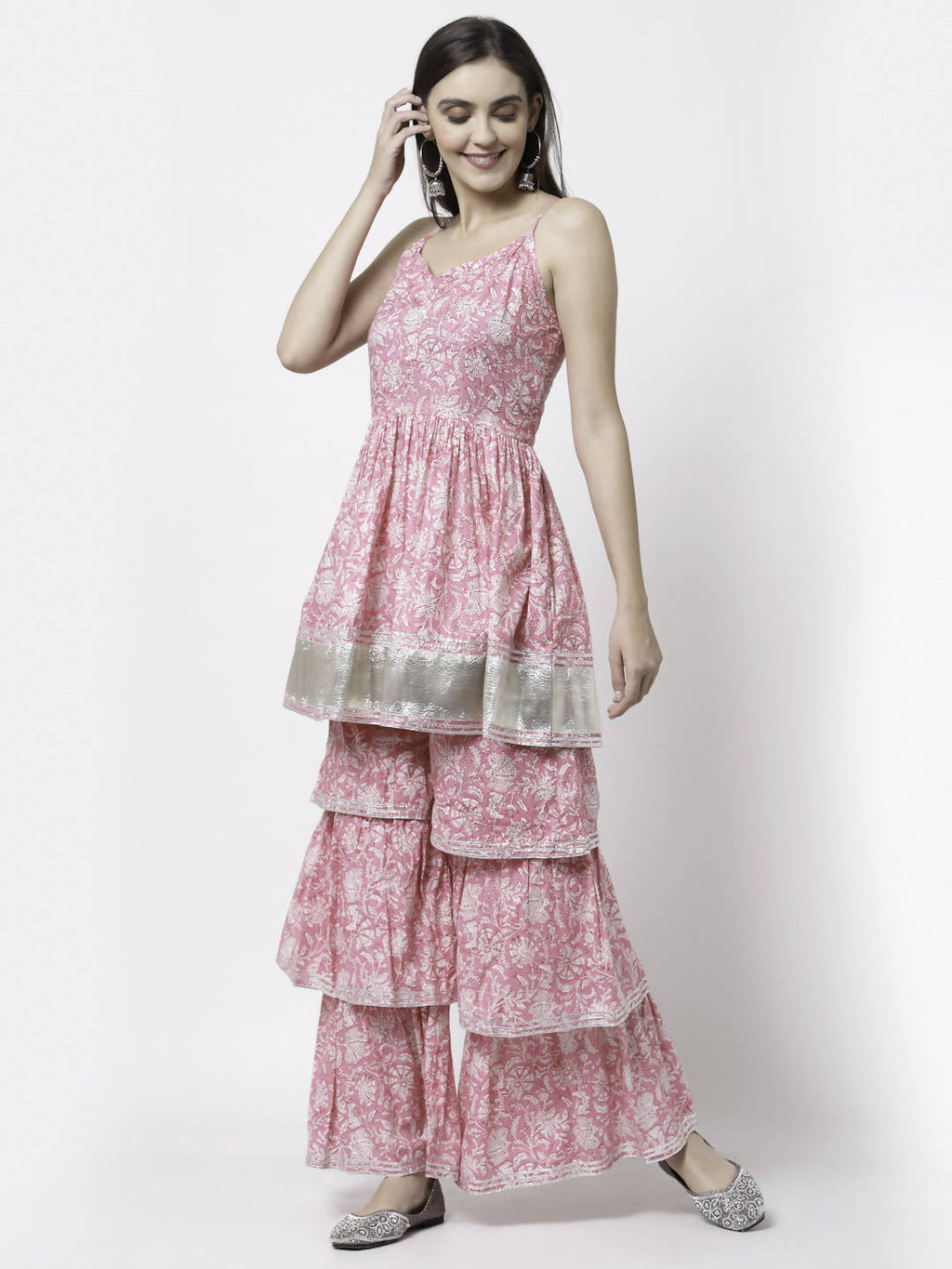 Myshka Women Pink Pure Cotton Printed Sleeveless Round Neck Kurta With Sharara & Dupatta Set | Grocsy
