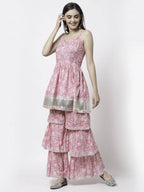 Myshka Women Pink Pure Cotton Printed Sleeveless Round Neck Kurta With Sharara & Dupatta Set | Grocsy