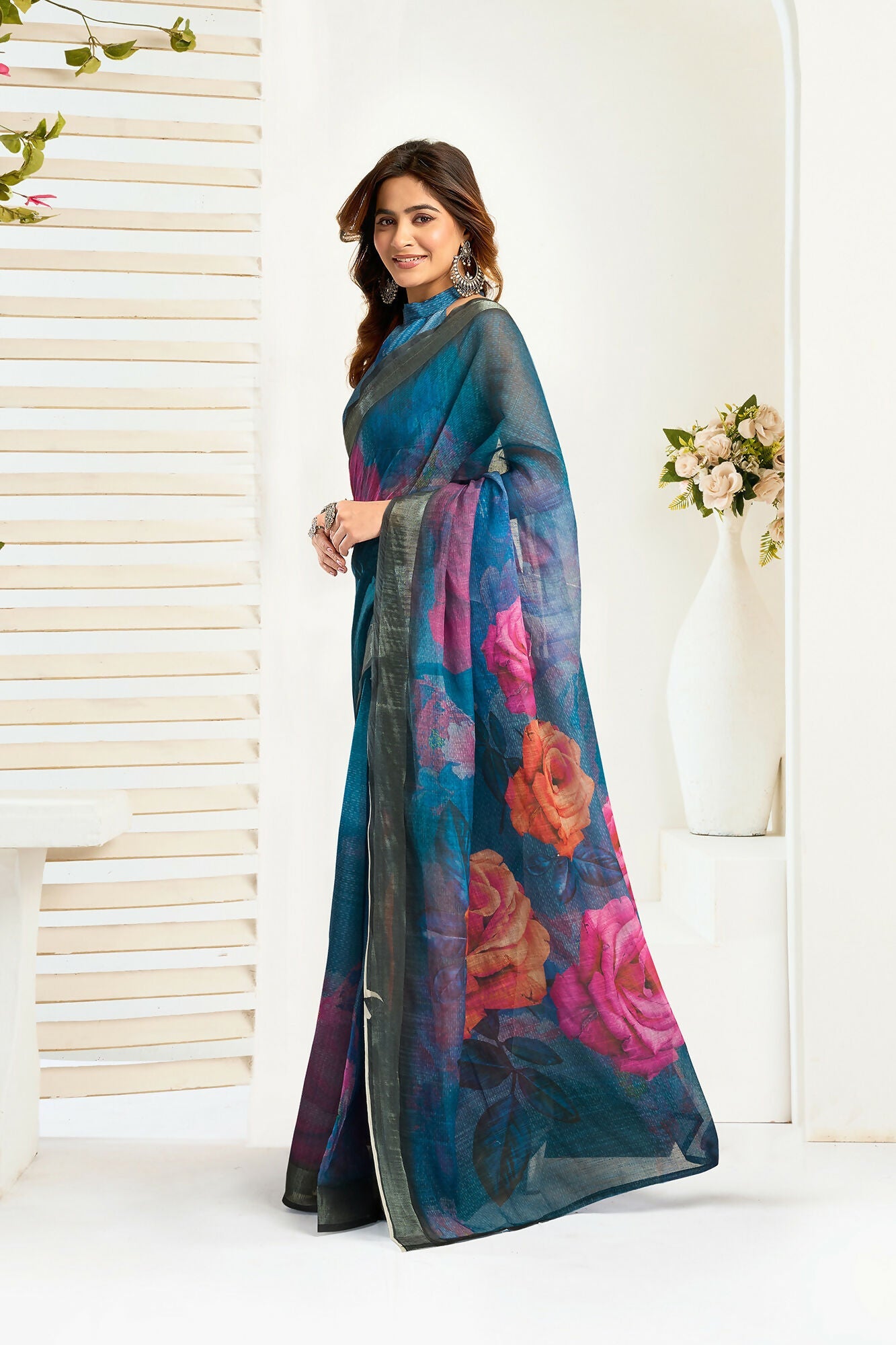 Vastranavya Teal Digital Printed Linen Ready To Wear Designer Saree with Unstitched Blouse | Grocsy